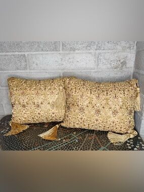 Embellished Gold Tassel Accent Pillow Set - Decorative Throw Pillows